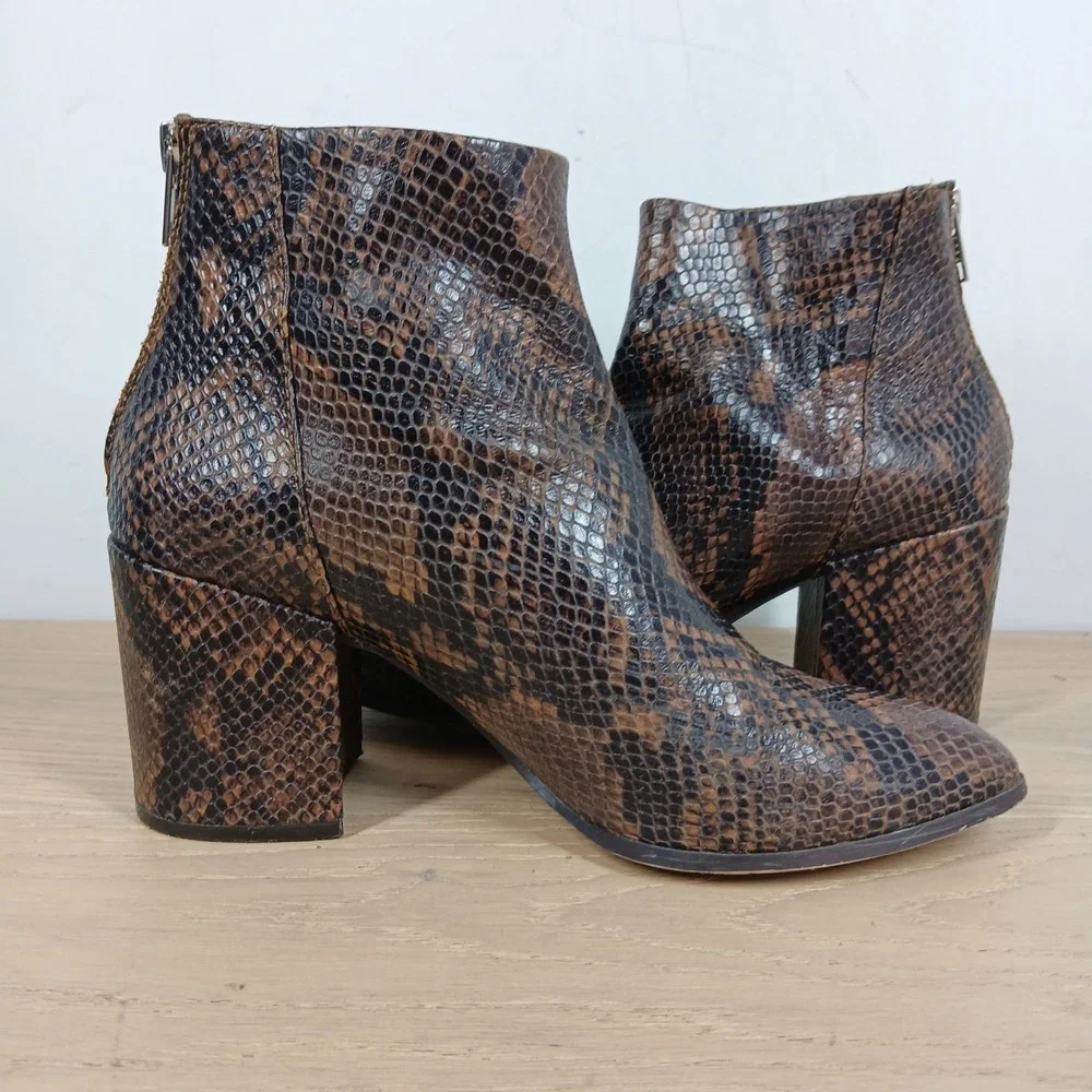 Steve Madden Jillian Ankle Boots Womens 7.5 Brown Snakeskin Block Heel